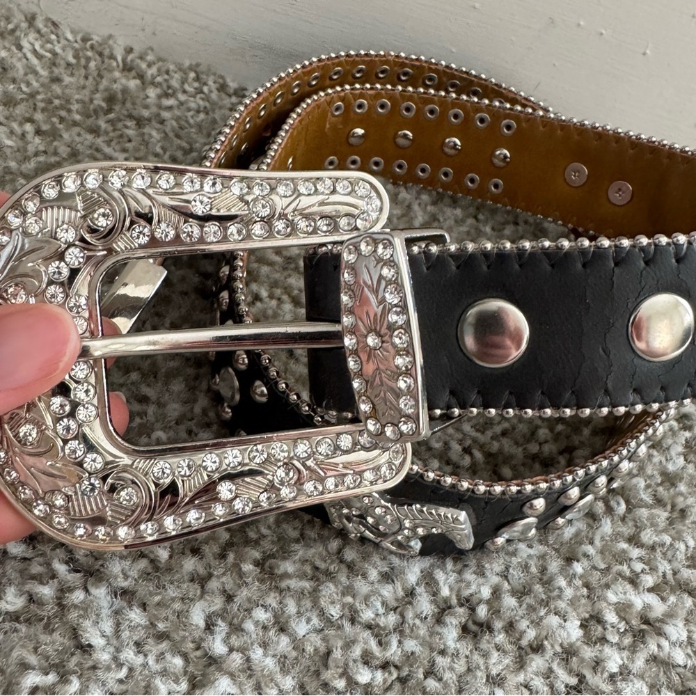 Nocona Leather Belt 26 Black Studded Rhinestone Sliver Bling Cowgirl Y2K Boho‎ - Picture 2 of 14